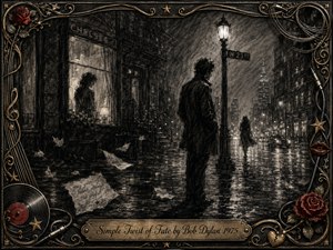 A solitary man stands beneath a glowing streetlamp on a rain-soaked city street as a distant woman disappears into the mist. Deep feathered charcoal textures, silvery reflections, muted gold ornament, red roses, and musical details create a wistful noir mood, framed by an ornate vintage border and engraved title plate.