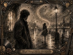A richly textured charcoal scene shows a solitary man watching a woman disappear along a rain-slick riverside promenade beneath glowing lamps. Smoky grays, sepia highlights, drifting leaves, and swirling musical forms create a wistful, fateful mood. An ornate bronze-and-gold musical frame surrounds the composition, with roses, strings, vinyl, guitar details, and engraved title plate.