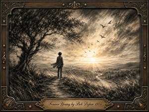 A solitary young figure stands beneath a sweeping old tree, gazing toward a radiant sunrise over rolling countryside and a winding river. Deep feathered charcoal textures, warm sepia tones, and subtle gold light create a hopeful, timeless mood. Birds rise across the dramatic sky, framed by ornate musical filigree and an engraved title plate.