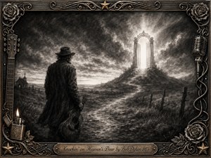 A solitary traveler holding an acoustic guitar stands on a dark country road, facing a radiant heavenly doorway atop a distant hill. Deep charcoal textures, stormy clouds, fences, and a small chapel create a solemn, spiritual mood. An ornate metallic frame features roses, stars, guitar strings, a microphone, lighter, and engraved title plate.
