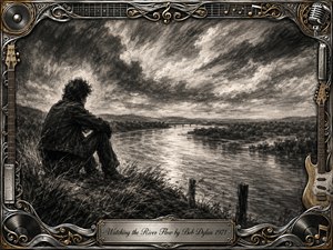 A solitary figure sits quietly on a windswept riverbank, watching a broad river flow beneath sweeping storm clouds. Deep charcoal textures, silvery highlights, and feathered shadows create a contemplative, timeless mood. An ornate chrome-and-gold musical frame surrounds the scene, featuring guitars, records, notes, microphone details, and an engraved title plate.