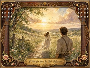 A warm watercolor landscape shows a woman walking through a sunlit wildflower meadow while a man watches from the foreground, suggesting tenderness and gratitude. Golden light pours across rolling hills beneath soft clouds. An ornate guitar-themed wooden frame, decorated with roses, strings, gold filigree, and an engraved title plate, surrounds the romantic scene.