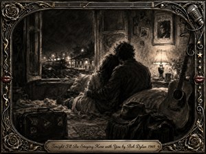 A tender couple sits closely together in a softly lit room while a departing train glows beyond the open window. Deep feathered charcoal textures, warm sepia highlights, and rich shadows create an intimate, reflective mood. An acoustic guitar, suitcase, hat, and ornate music-themed frame reinforce themes of travel, love, and choosing to stay.