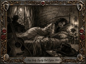 A reclining woman rests on a rumpled brass bed in a moonlit, intimate room, while a shadowed musician and acoustic guitar suggest quiet companionship. Deep charcoal textures, smoky grays, soft lamp glow, roses, scattered picks, and handwritten music create a dreamy romantic mood, enclosed by an ornate gold-and-chrome musical frame.