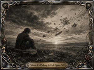 A solitary figure sits beside an abandoned guitar beneath a stormy charcoal sky, watching memories, feathers, and faded roses drift toward a pale sunset. Deep black, gray, and sepia textures create a sorrowful, reflective mood, framed by ornate chrome, gold inlay, guitar strings, vinyl details, and a finely engraved title plate.