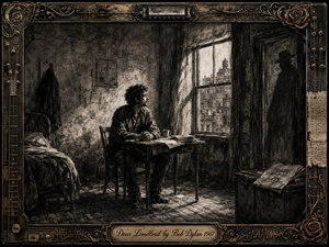 A solitary man sits at a worn table in a shadowed rented room, gazing toward a bright city window while a looming figure darkens the doorway. Deep charcoal textures, smoky browns, black shadows, and pale light create a tense, reflective mood. An ornate musical frame and engraved title plate complete the vintage composition.