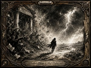A lone drifter escapes a chaotic courthouse beneath a violent lightning-split sky, moving toward an open, winding road and distant mountains. Deep charcoal textures, smoky grays, and stark white highlights create a tense yet liberating mood. An ornate weathered metal frame, musical details, and engraved title plate complete the dramatic composition.