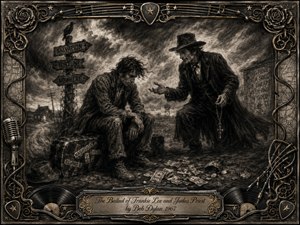 Two weathered men confront temptation on a desolate crossroads beneath a turbulent charcoal sky, surrounded by scattered money, stark signposts, and distant prairie structures. Deep blacks, smoky grays, and muted metallic gold create a brooding mood, while dramatic lighting, feathered charcoal textures, musical ornaments, roses, vinyl records, and an engraved frame enrich the allegorical composition.