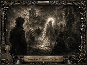 A luminous, saintly figure walks through a shadowed old-world street as grieving figures gather beneath crumbling architecture and a crescent moon. Deep feathered charcoal textures create a solemn, dreamlike atmosphere, while pale radiance pierces smoky darkness. An ornate metallic frame of roses, guitar details, harmonica, microphone, and engraved title plate surrounds the vision.