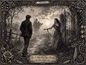 A lone traveler approaches a chained woman beside an ornate iron gate as a bearded figure emerges through misty dawn light. Deep feathered charcoal textures, smoky grays, and warm sepia highlights create a haunting folk-ballad mood. An elaborate musical frame of roses, strings, notes, and metalwork surrounds the dramatic scene.