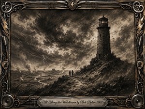 A towering stone watchtower rises over a rugged, windswept landscape beneath swirling charcoal storm clouds and distant lightning. Two small travelers cross the shadowed ridge, adding mystery and isolation. Rich blacks, smoky grays, and sepia undertones create dramatic contrast, framed by ornate metallic music motifs, guitar strings, speakers, and an engraved title plate.
