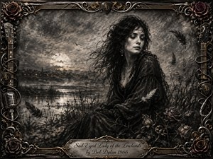 A melancholy woman with windblown dark hair sits beside misty lowland waters beneath a glowing moon, surrounded by reeds, drifting feathers, and fading roses. Deep charcoal textures, smoky gray tones, and subtle gold accents create a haunting romantic mood. An ornate musical frame and engraved title plate complete the vintage, gothic composition.