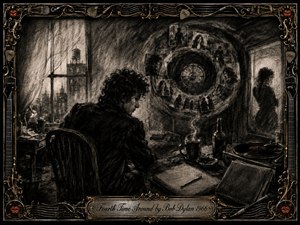 A brooding curly-haired figure sits in a shadowy 1960s room, surrounded by photographs, a clocklike memory spiral, steaming cup, bottle, and spinning record. Deep feathered charcoal textures create a smoky, introspective mood, accented by muted gold and red. An ornate music-themed frame and engraved title plate complete the composition.