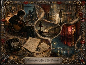 A brooding guitarist anchors a richly textured 1960s night collage, surrounded by rain-soaked streets, a distant woman, railroad signals, neon cafe light, handwritten pages, a rotary phone, and a glowing waterfront. Amber, crimson, teal, and smoky blue tones create a restless, romantic mood within an ornate music-inspired metallic frame.