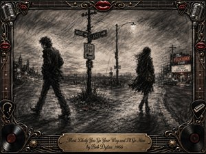 Two solitary figures walk in opposite directions across a windswept urban crossroads, conveying separation, resolve, and lingering tension. Deep charcoal textures, smoky grays, and restrained red accents create a brooding 1960s atmosphere. Ornate musical framing, chrome details, red lips, vinyl records, microphones, and an engraved title plate enrich the dramatic composition.