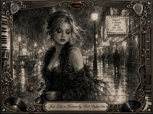 A melancholy woman stands on a rain-slicked city street at night, holding a wilted rose beneath hazy theater lights. Deep charcoal textures, smoky shadows, and muted metallic tones create a wistful, cinematic mood. An ornate musical frame of piano keys, guitar details, roses, red lips, and gold filigree surrounds the scene.