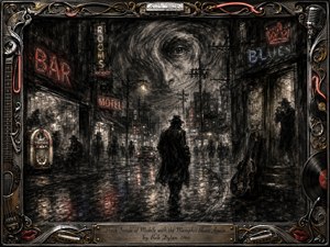 A solitary figure wanders down a rain-soaked nocturnal street beneath tangled wires, smoky buildings, and glowing blues-club signs. Deep charcoal textures dominate, punctuated by muted crimson, electric blue, and tarnished gold reflections. A ghostly eye swirls overhead, while musical details and ornate chrome-gold framing intensify the surreal, restless melancholy.