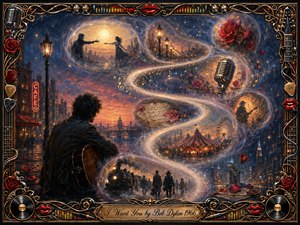 A solitary guitarist gazes into a dreamlike twilight city as glowing, feathered bubbles spiral upward in an S-curve, revealing lovers, roses, carnival lights, music, and wandering travelers. Rich blues, amber gold, crimson, and chrome create a romantic, nostalgic mood, framed by ornate musical details, red lips, records, strings, and gilded ornamentation.