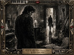A brooding figure stands in a shadowed music room as another disappears through a rain-bright doorway, evoking regret, distance, and unresolved understanding. Deep charcoal textures, wet reflections, piano, guitar, microphone, and scattered papers create a cinematic noir mood, enclosed by an ornate gold-and-chrome musical frame with vivid red lips.
