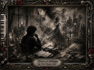 A solitary man sits in a cluttered nighttime room as ghostly women drift through smoky charcoal visions toward a rain-darkened city. Deep blacks, silvery grays, muted gold, and vivid red accents create a melancholic glow. An ornate musical frame of piano keys, roses, cables, and filigree surrounds the dreamlike scene.