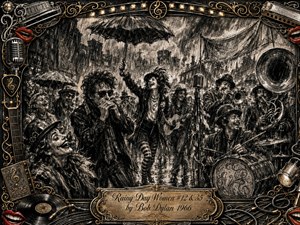 A rain-soaked street parade erupts with laughing musicians, umbrellas, harmonica, guitar, brass, and drums, rendered in richly feathered charcoal. Deep blacks, silvery grays, muted sepia, gold filigree, and bright red lips create theatrical contrast. An ornate musical frame surrounds the jubilant, rebellious scene, anchored by an engraved title plate.