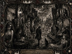 A lone drifter walks a rain-darkened cobblestone street through a decaying carnival city, surrounded by masked women, a fortune-teller, clown, weary scholars, and shadowy royalty. Deep feathered charcoal textures, smoky grays, muted crimson, and tarnished gold create a haunting nocturnal mood, framed by ornate musical relics and engraved metalwork.