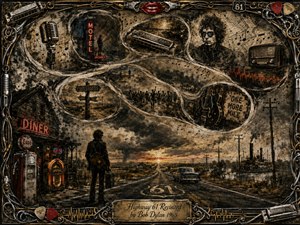 A lone musician stands beside Highway 61 as a vintage car disappears toward a glowing horizon beneath storm-dark skies. Sepia, charcoal, and muted gold tones create a gritty Americana mood, while swirling S-shaped memory scenes reveal microphones, harmonicas, crossroads, diners, crowds, and guitars. Ornate chrome-and-gold musical framing completes the cinematic collage.