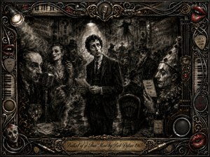 A bewildered thin man stands beneath harsh theatrical light in a smoky, surreal cabaret crowded with sinister observers, musicians, and carnival-like figures. Deep charcoal blacks and grays dominate, punctuated by crimson lips and gold-chrome details. An ornate musical frame of cables, keys, speakers, and filigree intensifies the claustrophobic, satirical mood.
