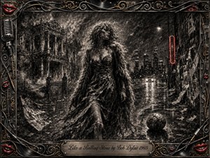 A windblown woman in a tattered gown strides through a rain-slicked, decaying city street, framed by an ornate rock-and-roll border. Deep charcoal blacks and smoky grays create a brooding, rebellious mood, while red lips, gold filigree, cables, vinyl details, distant headlights, and a rough rolling stone sharpen the dramatic composition.