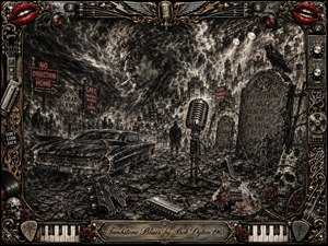 A surreal charcoal graveyard city unfolds beneath a violent storm, centered on a vintage microphone, ruined guitars, tombstones, and a shadowy Cadillac. Smoky blacks, sepia grays, chrome gold, and restrained red accents create a sinister mood. Dramatic lightning and stage lights illuminate intricate musical relics within an ornate rock-themed frame.