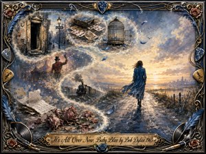 A solitary figure in flowing blue walks along a rain-darkened road toward a glowing horizon, leaving dreamlike memories behind. Feathered vignettes of a train, birdcage, cards, circus performer, papers, and wilted roses curl through the scene. Dusty blues, muted golds, and soft light create a wistful, painterly farewell framed by ornate musical details.