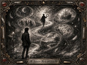 A lone wanderer follows a mysterious tambourine player through a moonlit charcoal dreamscape, where an S-curving path links dancing figures, birds, a ghostly ship, and open countryside. Smoky blacks, silvery highlights, and soft mist create a wistful, surreal mood, framed by ornate metallic music motifs, feathers, and red-lipped medallions.
