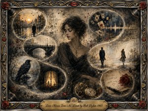 A serene dark-haired woman anchors a dreamlike charcoal-and-mixed-media collage, surrounded by feathered circular vignettes of city streets, bridges, lovers, music, a raven, roses, and a pocket watch. Muted charcoal, ivory, dusty blue, crimson, and gold glow softly within an ornate musical frame, creating a romantic, contemplative, timeless atmosphere.
