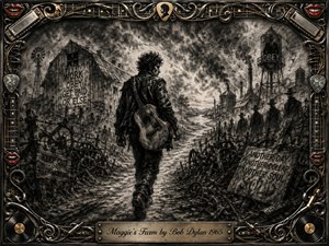 A lone guitarist strides away from a bleak, oppressive farm-industrial landscape filled with broken machinery, smoky towers, warning signs, and shadowy overseers. Deep feathered charcoal textures create a gritty, rebellious mood, while pale horizon light suggests freedom ahead. An ornate metallic music-themed frame with red lips surrounds the stark monochrome scene.