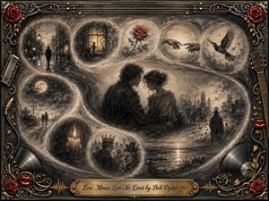 A tender couple sits at the heart of a dreamlike charcoal collage, surrounded by feathered vignette bubbles of roses, reaching hands, moonlit streets, birds, candles, crowds, and distant cities. Sepia grays, muted crimson, and warm gold accents glow softly within an ornate music-themed frame, creating a romantic, reflective, timeless mood.