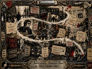 A gritty mixed-media collage captures a restless 1960s city, with a sunglassed guitarist, subway trains, wet streets, tangled wires, protest crowds, posters, and handwritten fragments flowing along a sweeping S-curve. Sepia, charcoal, black, chrome, and vivid red create a tense, electric mood, framed by ornate musical metalwork and an engraved title plate.