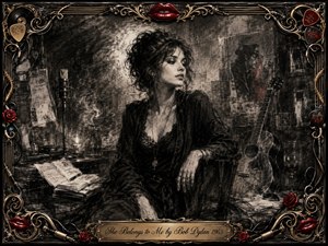 A mysterious, self-possessed woman sits in a shadowy bohemian music room surrounded by an acoustic guitar, microphone, handwritten pages, roses, and drifting smoke. Deep feathered charcoal textures create dramatic monochrome lighting, accented by crimson lips, roses, and warm gold. An ornate musical frame and engraved title plate complete the vintage composition.