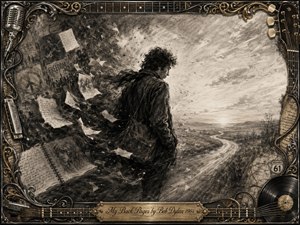 A solitary young man walks through a windswept charcoal landscape, leaving a turbulent collage of memories, handwritten pages, protest imagery, and shadowy figures behind him. A pale winding road opens toward a luminous horizon, suggesting reflection and change. Ornate gold-and-chrome musical details frame the richly textured, sepia-toned composition.