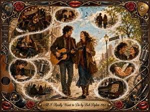 A joyful young couple strolls through a sunlit 1960s Greenwich Village street, surrounded by feathered vignette bubbles of music, laughter, writing, and companionship. Warm golds, browns, blues, and reds glow with nostalgic light. The richly detailed digital painting is framed by ornate guitars, roses, microphones, records, chrome, and engraved titlework.