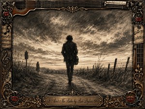 A solitary musician walks down a windswept rural road beneath a vast, turbulent sky, leaving a distant figure behind. Deep charcoal textures and warm sepia highlights create a melancholy, resolute mood. An ornate folk-inspired frame of guitar strings, harmonica, gold filigree, sheet music, and red lips surrounds the scene.