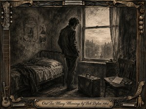 A solitary man stands beside a dawn-lit window in a worn 1960s room, surrounded by a rumpled bed, suitcase, chair, handwritten note, and distant misty rooftops. Deep feathered charcoal and muted sepia tones create a wistful, intimate mood, framed by ornate wood, metal, guitar strings, harmonica motifs, and engraved musical details.