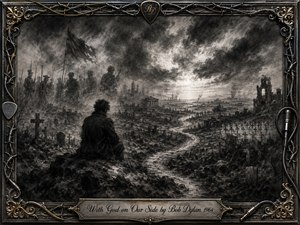 A lone figure sits before a devastated battlefield where ghostly soldiers, ruined cities, graves, and a winding road fade beneath turbulent skies. Deep charcoal textures, smoky shadows, and stark monochrome lighting create a solemn, reflective mood. An ornate metal frame of barbed wire, guitar strings, gold accents, and musical details surrounds the haunting scene.