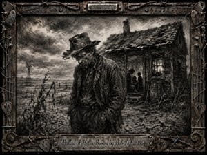 A gaunt, weary farmer stands before a collapsing wooden farmhouse on cracked, barren land beneath storm-heavy skies. Deep charcoal blacks, smoky grays, and pale highlights create a bleak, tragic mood. Feathered textures, distant family silhouettes, a windmill, and withered crops are enclosed by a rusted musical frame with engraved title plate.