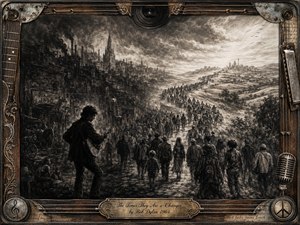 A sweeping charcoal panorama shows a lone guitarist beside a vast procession moving from a dark industrial city toward a bright, open horizon. Deep blacks, smoky grays, and warm sepia highlights create a solemn yet hopeful mood. An ornate musical frame of wood, metal, strings, and vintage motifs surrounds the richly textured scene.
