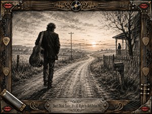 A lone guitarist walks down a winding country road at dawn, leaving a distant figure on a farmhouse porch behind. Deep feathered charcoal textures, muted sepia tones, soft horizon light, bare trees, fences, and telephone poles create a reflective, bittersweet mood. An ornate music-themed frame surrounds the evocative farewell scene.