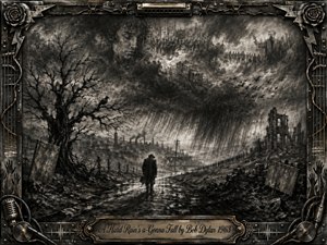 A lone traveler crosses a rain-soaked ruined landscape beneath towering charcoal storm clouds filled with ghostly faces, crowds, birds, and a distant train. Deep blacks, smoky grays, and faint metallic highlights create a prophetic, somber mood. An ornate music-themed metal frame surrounds the dramatic scene, with an engraved title plate below.