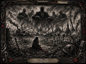 A devastated charcoal battlefield stretches beneath towering, faceless puppet masters who manipulate war from the shadows. Tanks, missiles, graves, barbed wire, and ruined factories surround a lone grieving figure. Smoky blacks, grays, and stark whites dominate, with restrained red accents, while the ornate metallic musical frame deepens the images bleak, accusatory mood.
