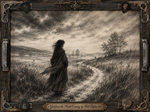 A windswept woman stands beside a winding path across a bleak northern countryside, surrounded by bare trees, dry grasses, and distant hills. Deep feathered charcoal textures and smoky gray tones create a wistful, reflective mood beneath a turbulent sky. An ornate wood-and-metal frame incorporates guitar strings, harmonicas, picks, gold accents, and an engraved title plate.