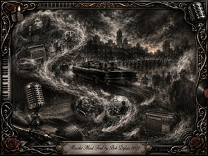 A haunting charcoal collage shows a vintage motorcade passing through a shadowed American city, surrounded by ghostly crowds, drifting feathers, radios, microphones, records, and fragments of musical memory. Smoky blacks, sepia grays, muted crimson, and antique gold create a mournful atmosphere, framed by ornate musical metalwork and engraved memorial detailing.