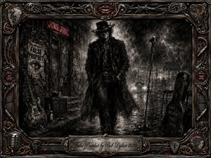 A shadowy, hat-wearing figure strides through a rain-soaked juke-joint alley, surrounded by guitars, a vintage microphone, torn posters, cables, and distant headlights. Deep charcoal textures, smoky blacks, silver highlights, crimson lips, and antique gold accents create a menacing blues-noir mood, enclosed by an ornate rock-inspired metal frame.